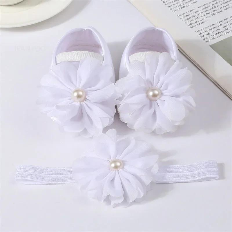 

Newborn Girls Baby Shoes Party Pearl Flower Lace Baby Girl Headband Set Non Slip Cute Preschoolers Toddler Infant First Walkers 11(0-6Months) белый