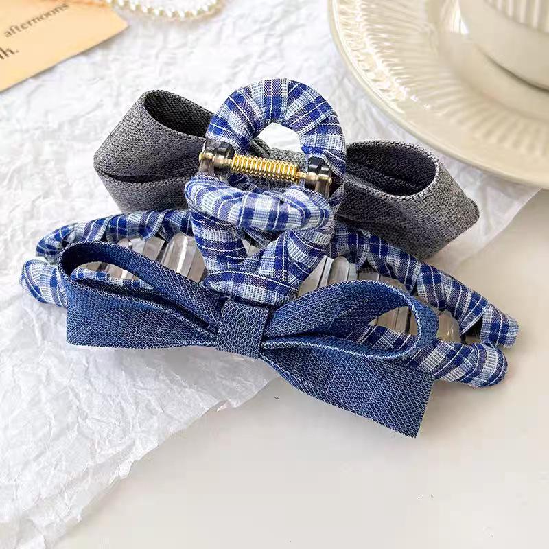 Korean Style Deep Blue Plaid Denim Bow Claw Clip Hair Accessory for Women