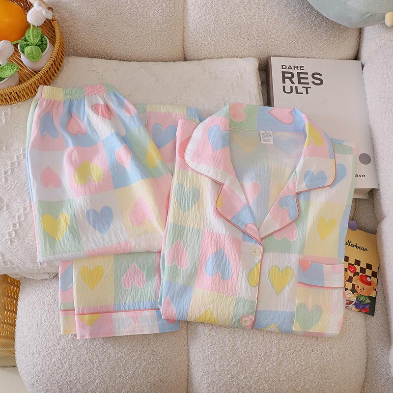 Damen grenzüberschreitender Liebes-Pyjama-Set: Langärmiger Cardigan & Hose, Wolkenbaumwolle für Frühling, Herbst und Klimaanlagen.