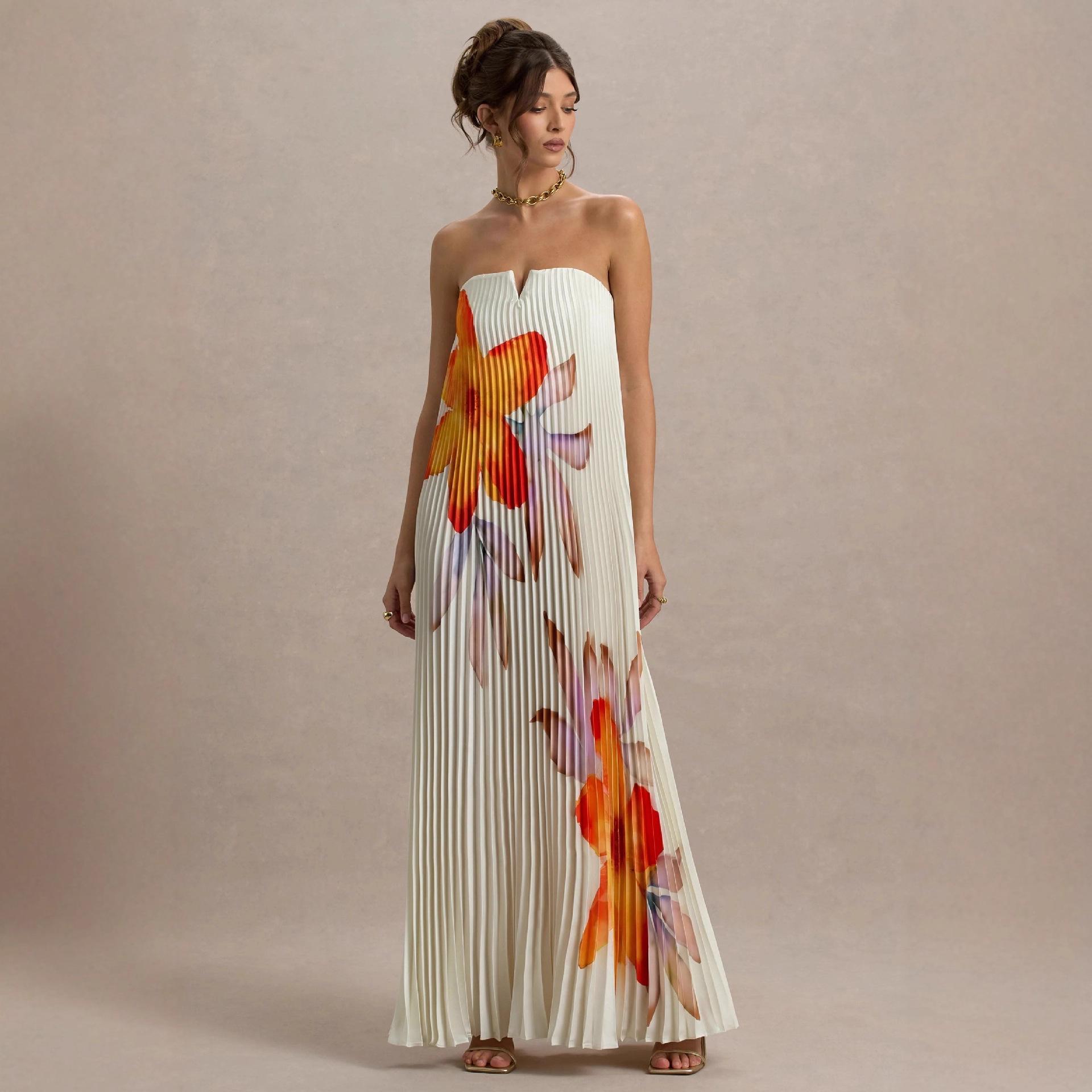 2026 Кросс-бордер Плиссированное Бандо Длинное Платье для Женщин - С Принтом, Свободный Крой, Прочное Small