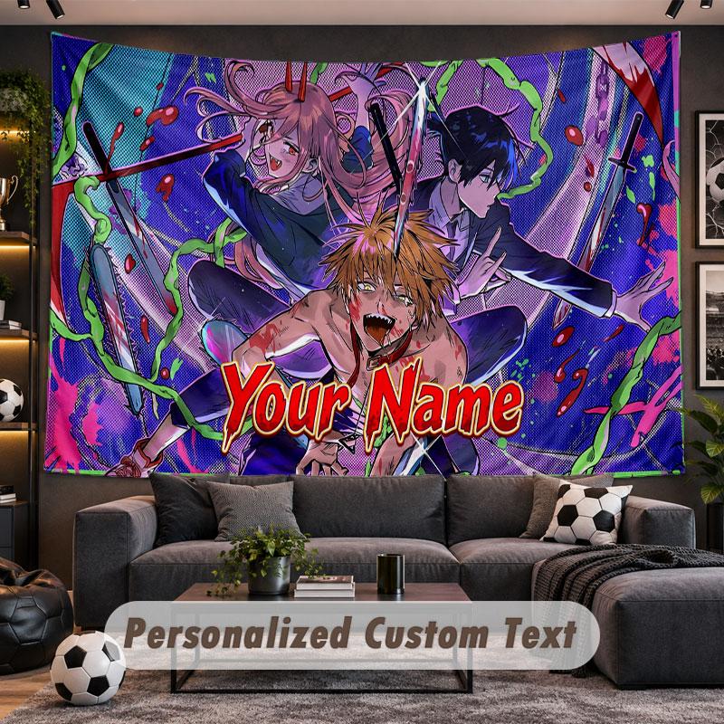 Wall Hanging Tapestry Custom NameChainsaw Man Pattern Personalized Printed Fabric Wall Decor