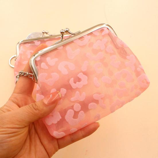 Kiss-lock Coin Purse for Girls Women, Mini Nylon Change Wallet with Keychain, Cute Sheer Leopard Print Coin Pouch for Cash Key