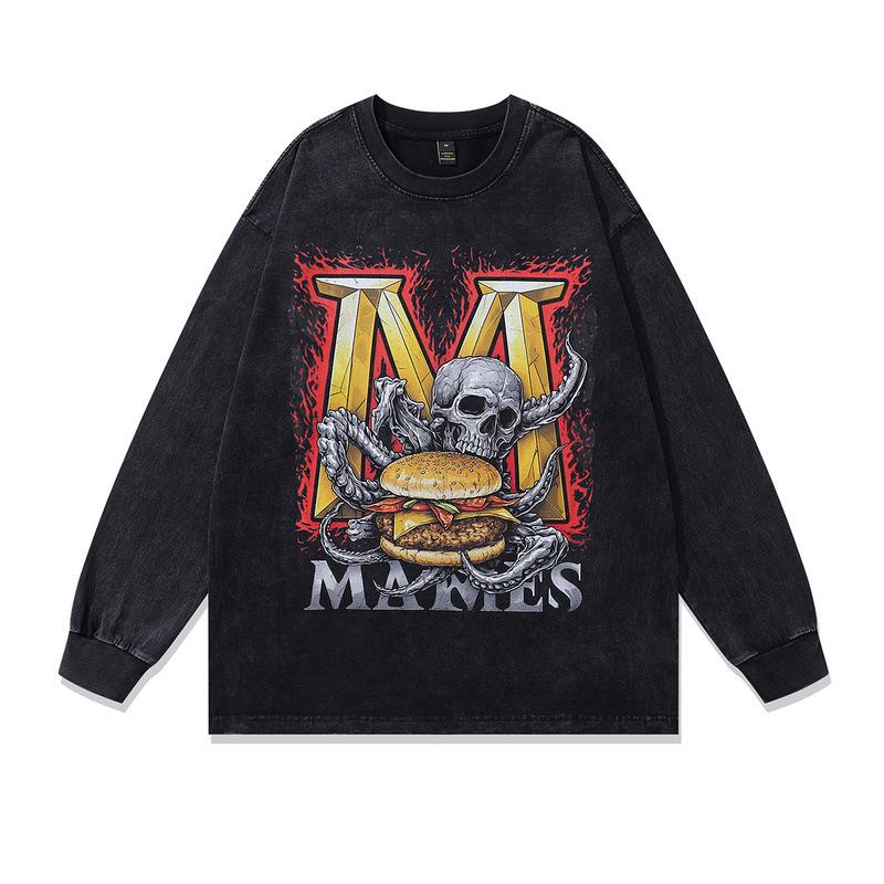 Washed And Polished Old Round Neck Pullover Sweater American High Street Doberman Print Retro Long-Sleeved T-Shirt Men