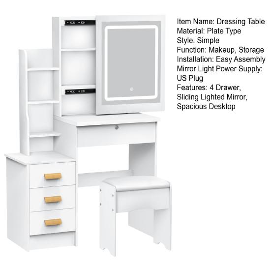 Makeup Mirror Desk Vanity with Sliding and Lights, Bedroom Dressing Table, Lighted Table Drawers & Shelves, Hidden Storage Space Dresser