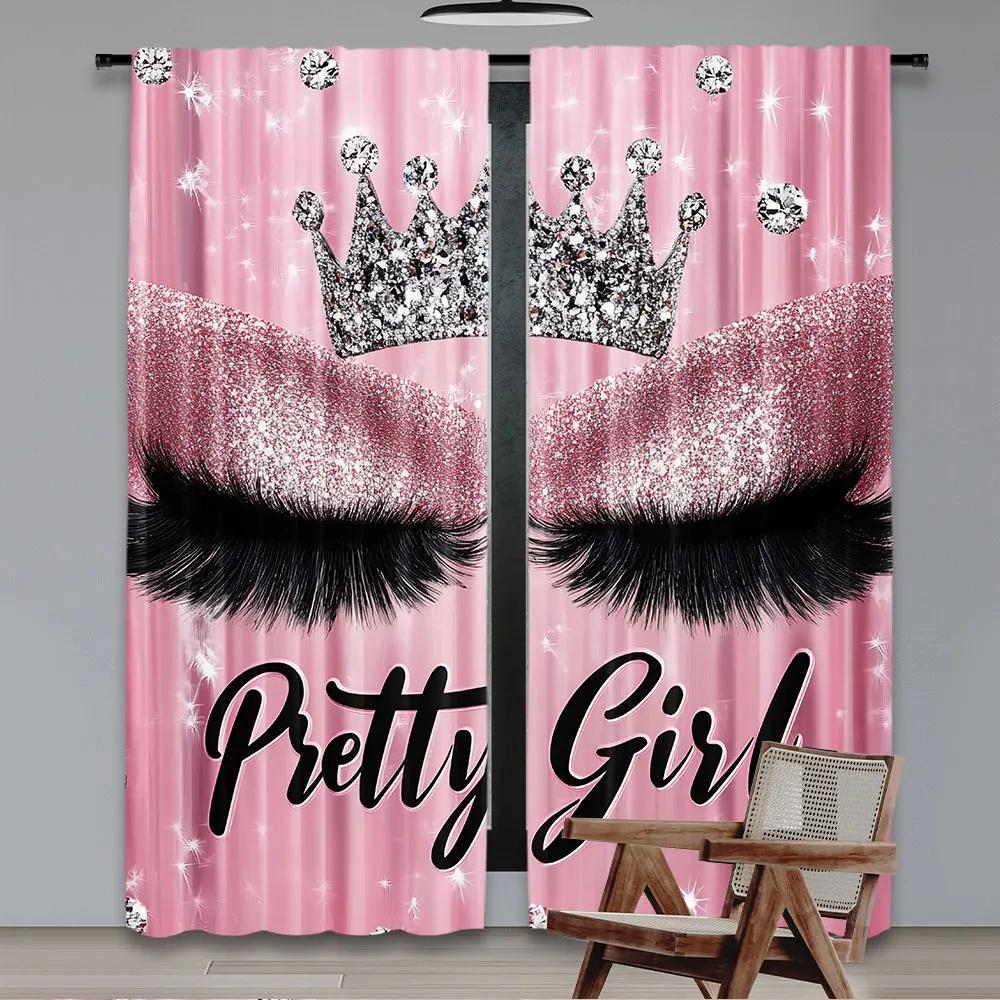 

2 шт. Занавески с ресницамистильные розовые блестки затемняющие шторы взрослые ресницы алмазные эстетичные шторы драпировки макияж ресницы 53cmX116cmX2pcs&Rod Pocket
