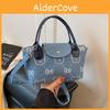 Denim Bear Cartoon Handbag For Women With Zipper Closure And Single Shoulder Strap