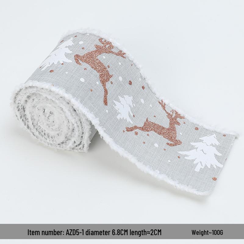 Cross-border Christmas Ribbon: White Plush Edge with Reindeer Design for Gift Box Packaging and Decoration with Gift Ribbon.