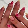 24Pcs Short Almond Press On Nails, Nude with Goose Yellow French Tips & Pink Flower Fake Nails for Spring Summer
