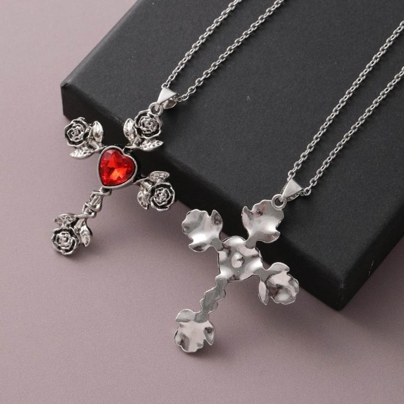 Thorn Knotted Rose Crosses Pendant Necklace Ornament Stylish Neckchain Accessories for Gothic Style Enthusiasts