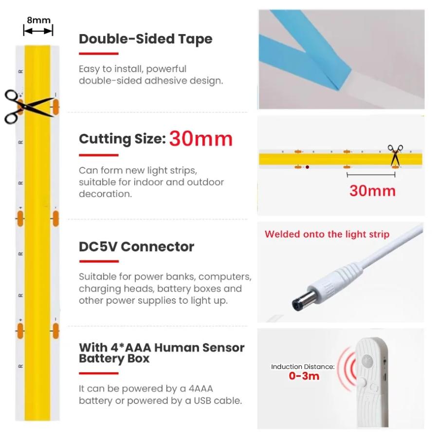 8MM COB LED-Streifen 5V Mit Bewegungssensor Flexibles LED-Band Batteriebetrieben 320 LEDs/m Induktions-Nachtlicht Für Treppe Schrank
