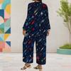 Women Plus Size Dark Navy Printed Two Piece Set Round Neck Long Sleeve Top Wide Leg Cropped Pants