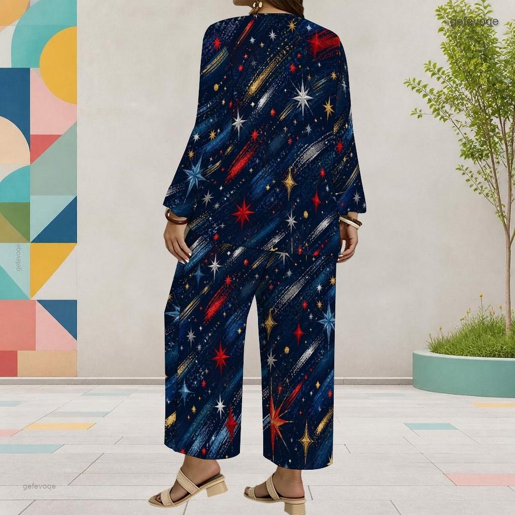 Women Plus Size Dark Navy Printed Two Piece Set Round Neck Long Sleeve Top Wide Leg Cropped Pants