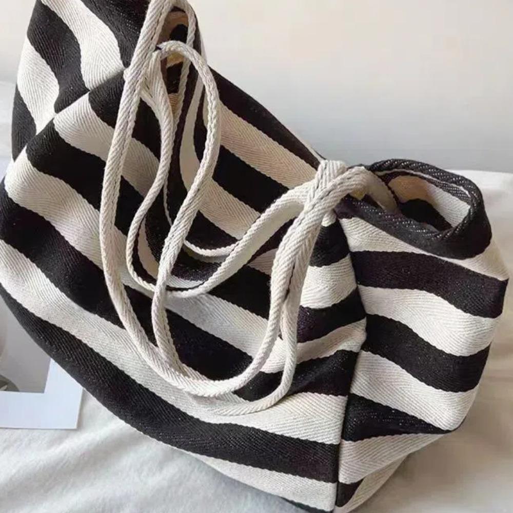 Contrast Color Stripe Canvas Handbag Korean Style Thin Straps Tote Bag  Girls
