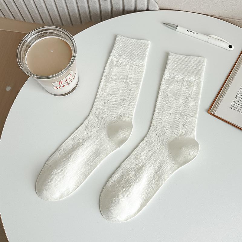 Women's Japanese Style Breathable Pure Cotton Long Socks - Milky White, Soft Pile, Versatile for Spring and Autumn.