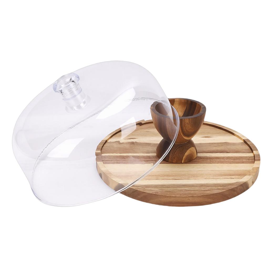 Wood Cake Stand Multi Function Round Cake Plate with Transparent Lid for Fruits Desserts Cheese
