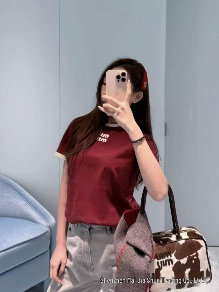 Miu Style Women's Pure Cotton Embroidered T-shirt - Early Spring Collection, Round Neck, Short Sleeve, Slim Fit