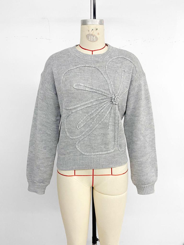 2026 Autumn/Winter Women's Solid Color Flower Sweater - Round Neck & Long Sleeve