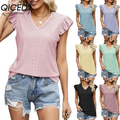 Women's Fashion Casual Solid Color Print Short Sleeve V Neck Blouses & Shirts