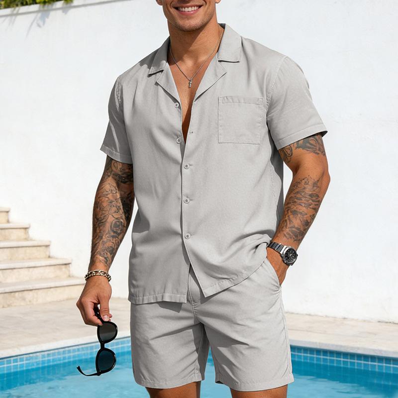 Completo casual da uomo a 2 pezzi, tinta unita, manica corta, camicia con bottoni e pantaloncini, set estivo