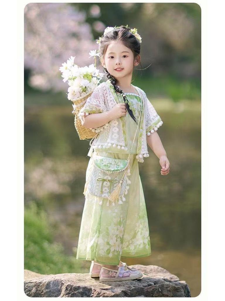 Children's Hanfu Summer 2026: New Ancient-Style Tang Suit Three-Piece Set with Trousers for Girls