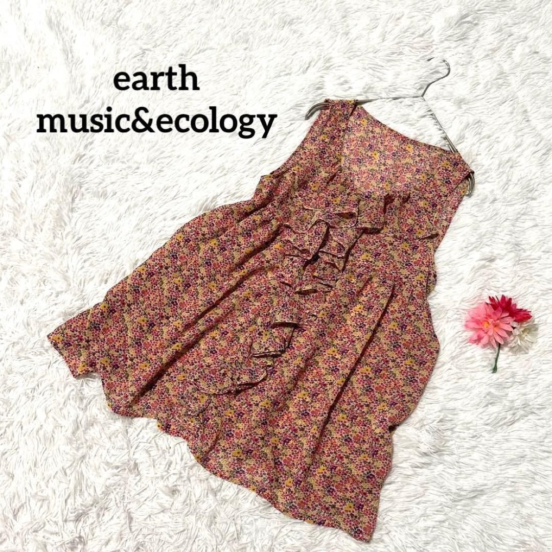 Earth Music and Ecology Ruffle Sleeveless Blouse All Over Pattern Sheer