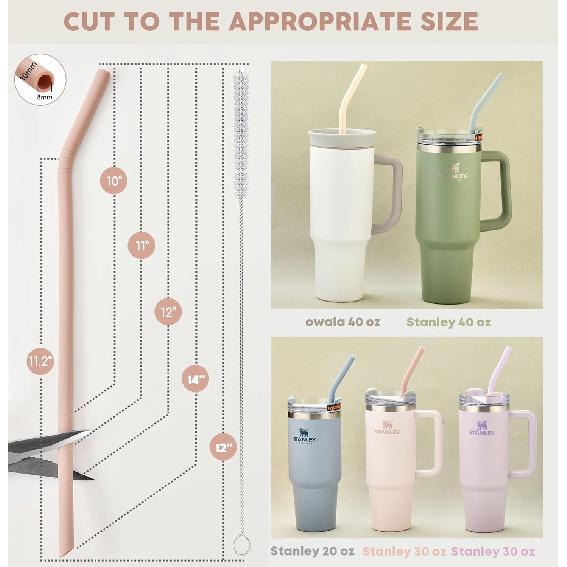 ALINK 14 inch Extra Long Pastel Color Silicone Replacement Straws for 40 oz Stanley Cup, Reble Flexible Drinking Straws for 1 Gallon Jug, 64 oz Water