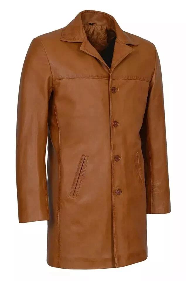 

Стильный Модный Мягкий Крой Новое Мужское Тренч Пальто Коричневая Кожа Ручная Работа Овчина 3XL дубильная кора