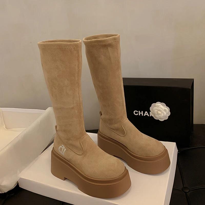 

Эластичные женские сапоги до колена, модные туфли без застежек, осенне-зимние туфли на платформе, женские длинные сапоги в стиле рыцаря 35