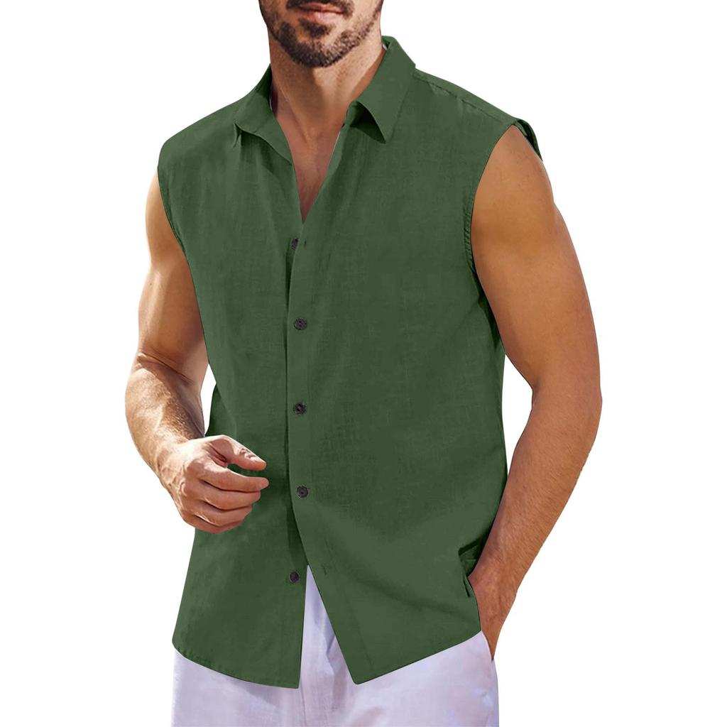 Men's Summer Hawaiian Solid Color Sleeveless Button-Down Shirt
