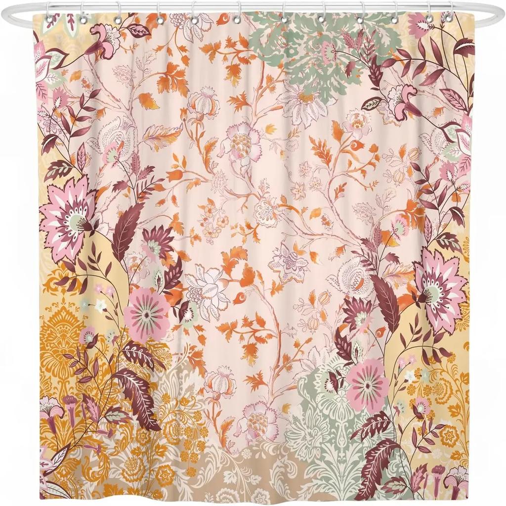 Bohemian Colorful Flowers Spring Summer Wildflower Shower Curtain, Polyester Fabric Waterproof Bath Decorative Shower Curtain