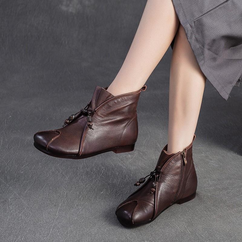 Fashion GKTINOO 2025 Autumn/Winter New Genuine Leather Round Toe Ankle Boots Comfortable Flat Retro Side Zipper Women's Boots