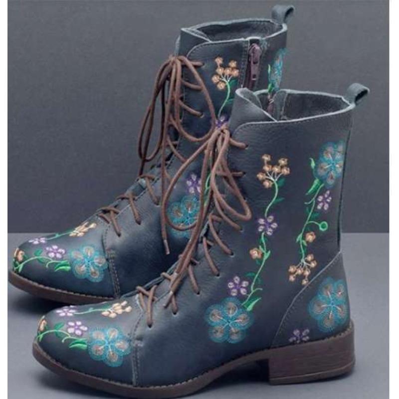 Martin Stiefel Herbst und Winter Europäisch und Amerikanisch Flacher Boden Dicker Absatz Schnürstiefel Kurze Stiefel Bestickte Damenstiefel