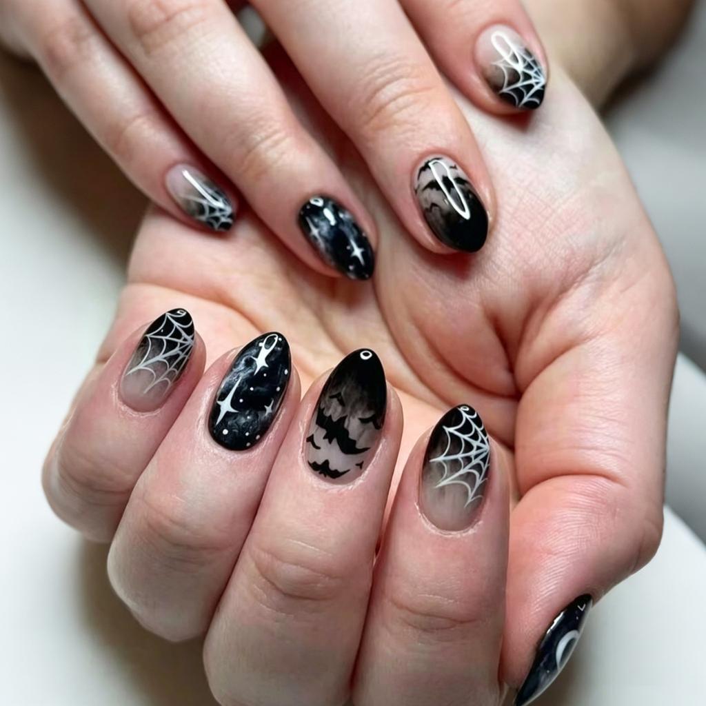 24 Piezas Otoño Lunares Prensa Francesa Uñas Postizas Cortas Almendra Puntas de Uñas Falsas Marrón Sólido Patrón de Cuadrícula Arte de Uñas Portátil