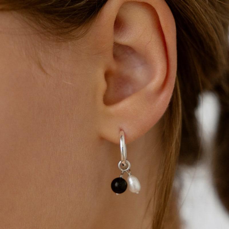 

TATIANA Pearl and Onyx Charm Hoop Earrings EC3270 Gold Plated