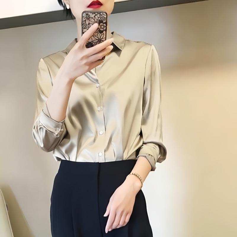 Allround-Satin-Finish-Hemden und Blusen Damenbekleidung Lässiges Oberteil OL Langarm Knopf Elegant Hemden Französisch Einfarbige Blusen