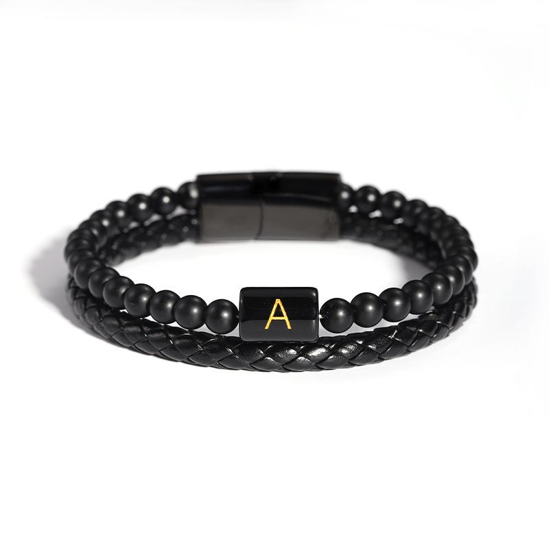 Vulkanstein Tigerauge Stein Schwarzer Achat Perlenarmband, Lederarmband, Buchstabenarmband