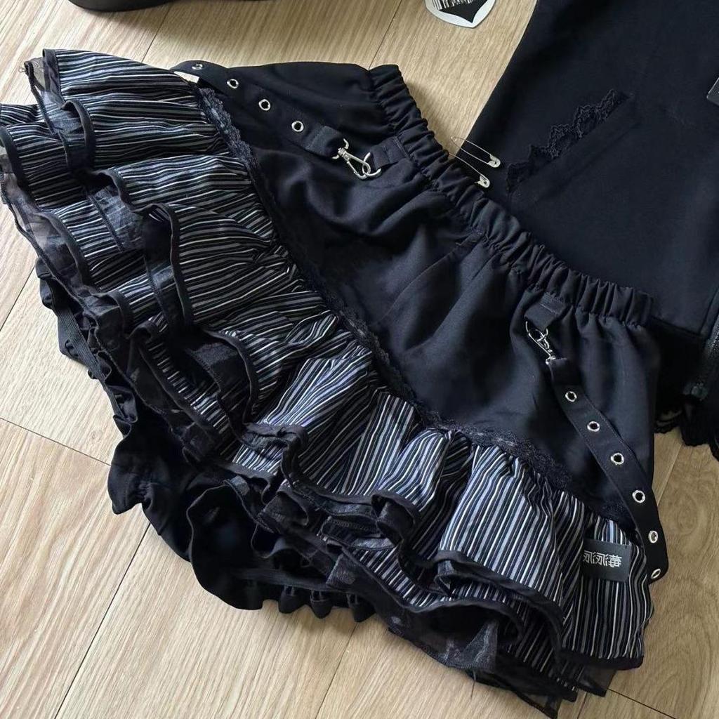 Petite Dark Style Patchwork Stripe Puffy Skirt