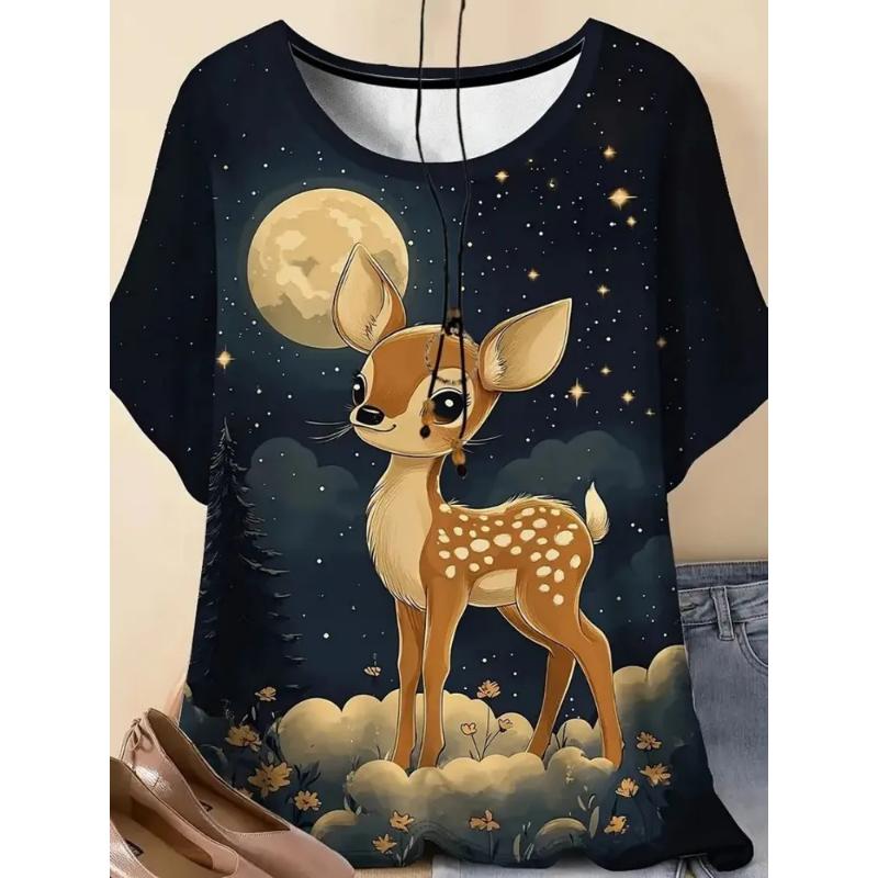 Fashion Women's Crew Neck Short Sleeve 3D Animal Color Printing Animal Short Sleeve Crew Neck T Sleeve