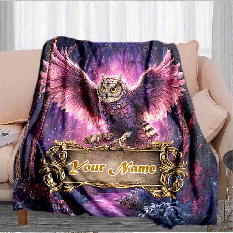 1PC Custom Name Forest Owl Flannel blankets Patterns Throw Blanket All-Season Soft Gift for Couch, Bed, Camping gifts
