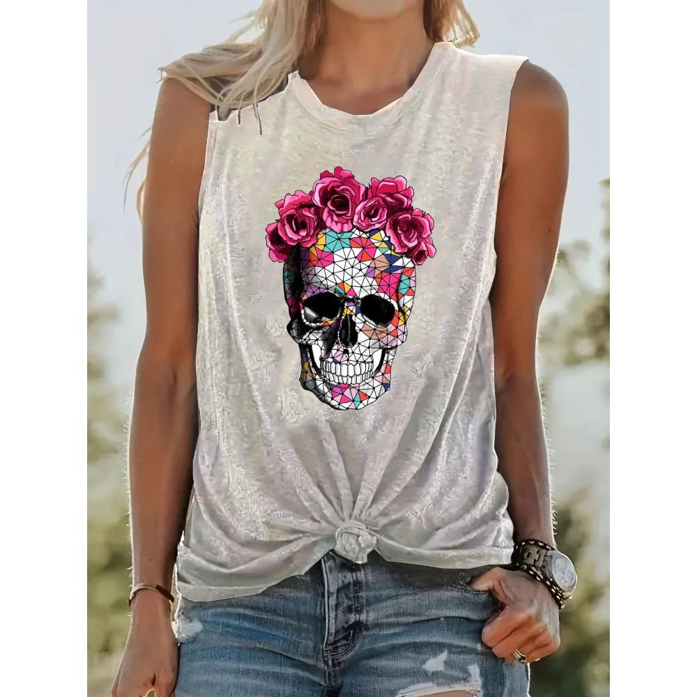 

Женская летняя футболка с принтом скелета и розы, свободная, без рукавов, с круглым вырезом, модная уличная одежда, свободного покроя 5XL