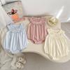 Summer Sleeveless Baby Romper for Newborn Girls with Bunny Embroidery and Lace Trim