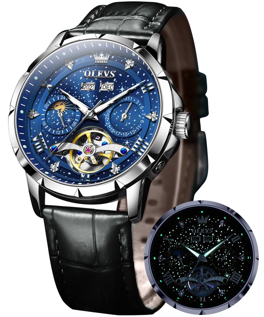 OLEVS Automatic Mechanical Watch with Leather Starry Sky Diamond Skeleton Popular Leather Date Luminous Blue Men's Strap, Dial, Design, Strap,