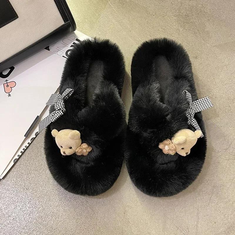 Papuci de Iarnă la Modă Femei Urs Drăguț Cruce Papuci cu Blană Pufoasă Diapozitive de Casă Platformă Plată Interior Podea Șlapi Femei Pantofi Dama88