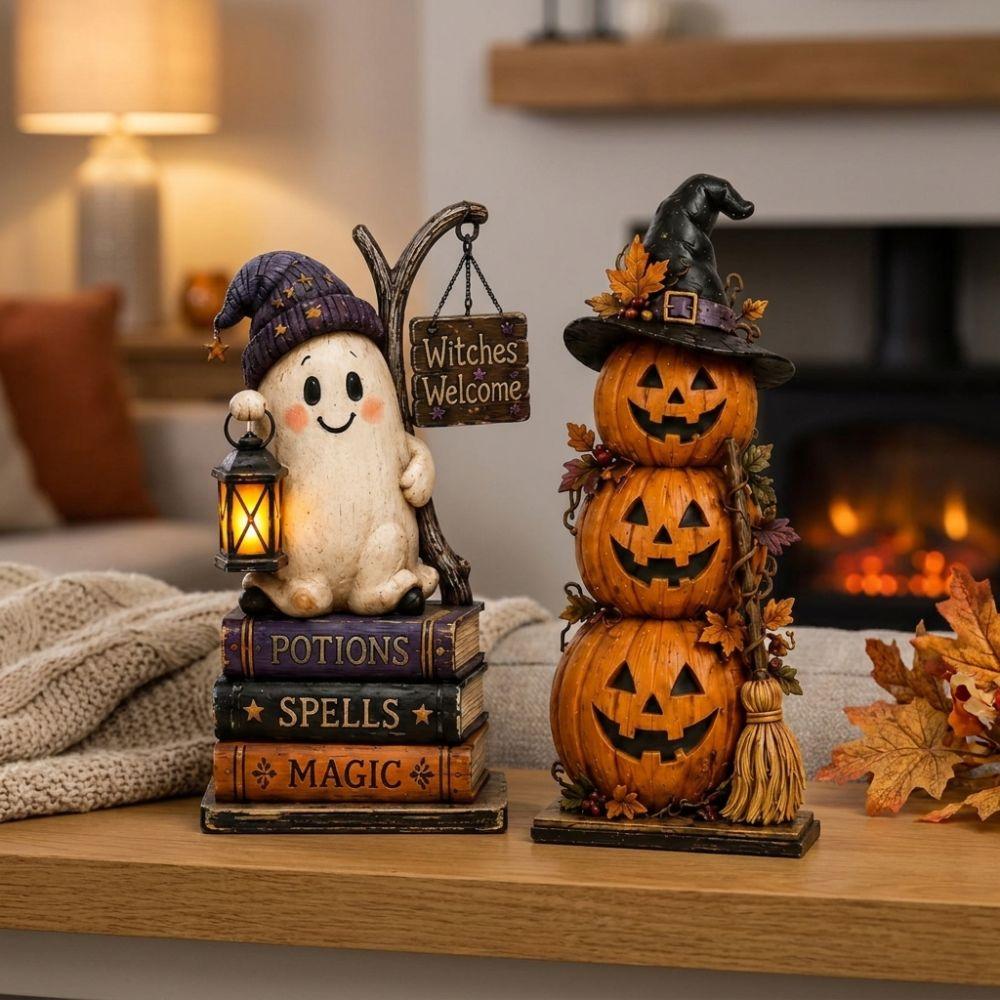 Spooky Wood Haunted House Statue Vintage Stacked Pumpkin Cart Ornament Shelf Decor