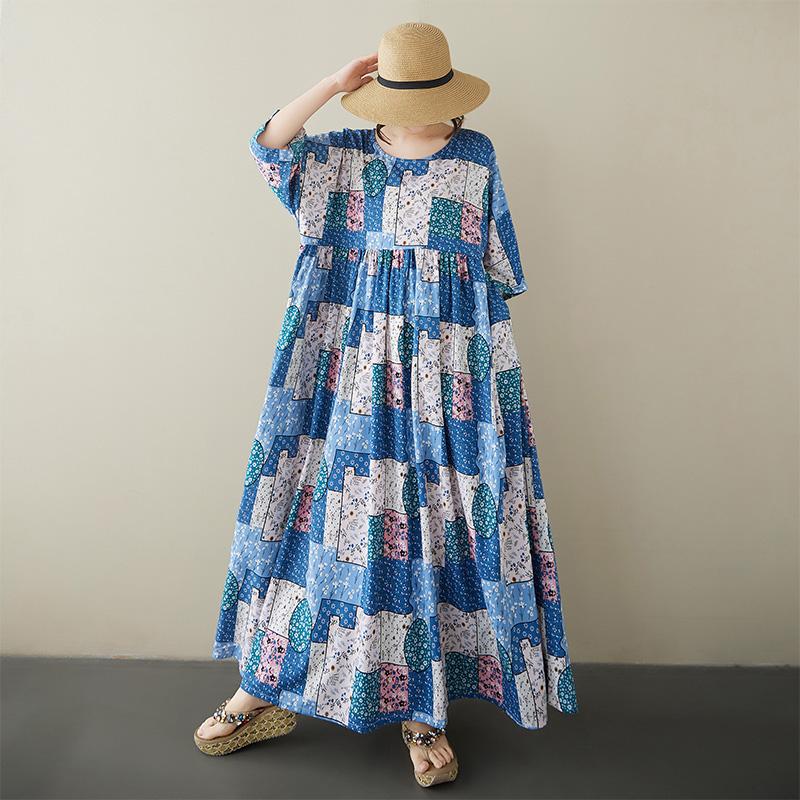 Short Sleeve Plus Size Cotton Vintage Floral New In Dresses for Women Casual Loose Long Summer Dress