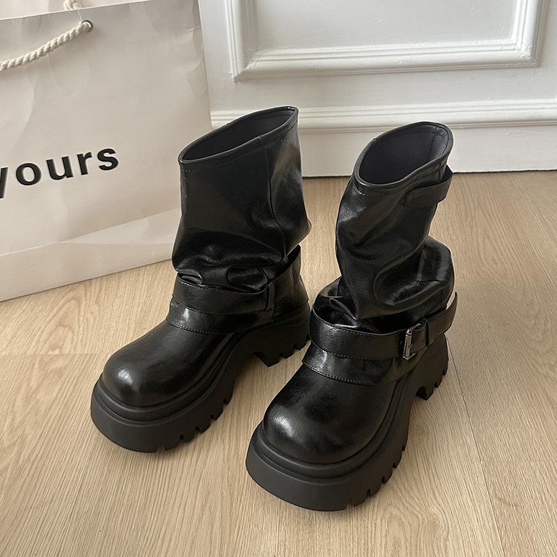 

Retro trousers stacked short boots children 2025 autumn new thick heel pleated wasteland wind western cowboy Martin boots 35