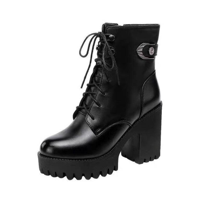 Black waterproof table thick heel Martin boots autumn and winter new side zipper versatile women's boots