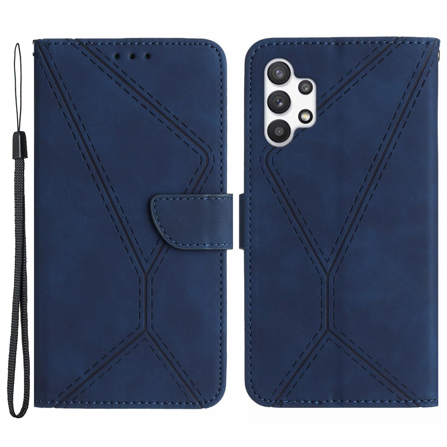

HT05 PU Leather Case for Samsung Galaxy A32 4G (EU Version) Imprinted Line Wallet Stand Skin-touch Cover Blue