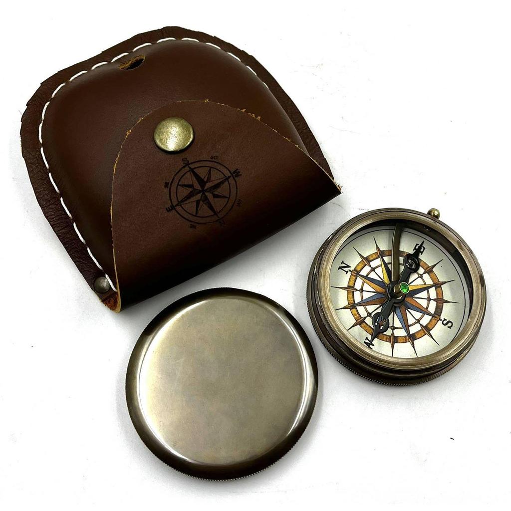 India Brass Round Lid compass nautical with Leather case Compass  (Brown)