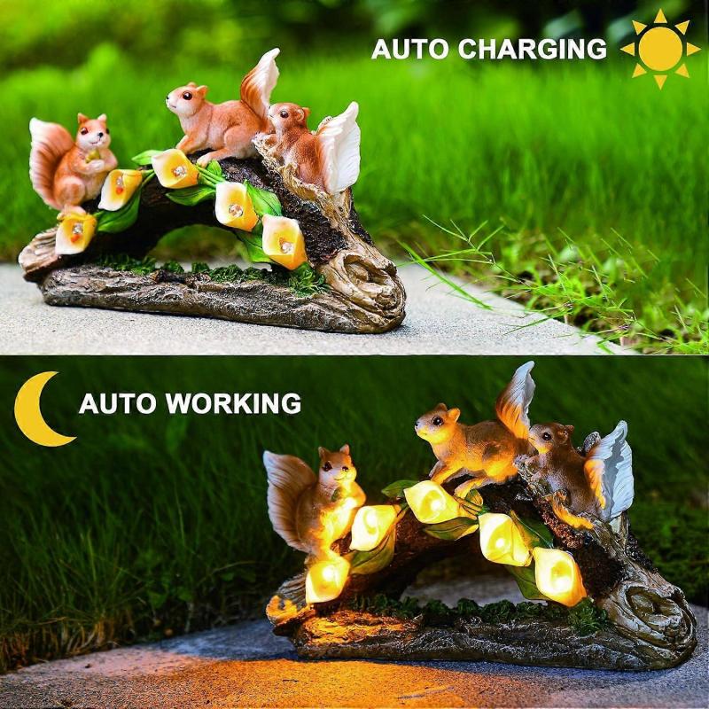 Garden Squirrel Figurines, Garden Art For Fall Winter Garden Decor, Solar Statue Outdoor